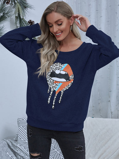 Shiny Lip Graphic Round Neck Sweatshirt