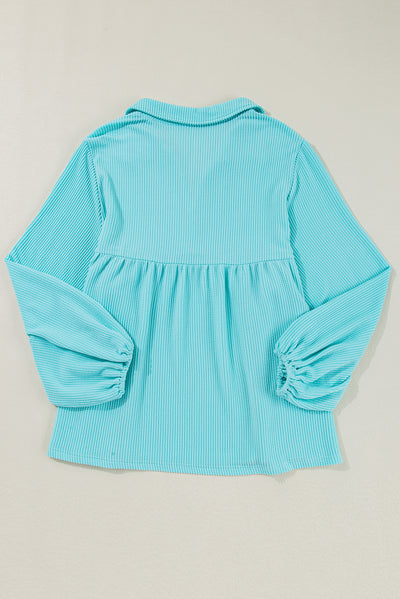 Turquoise Cordrd Balloon Sleeve Collar Plus Babydoll Top