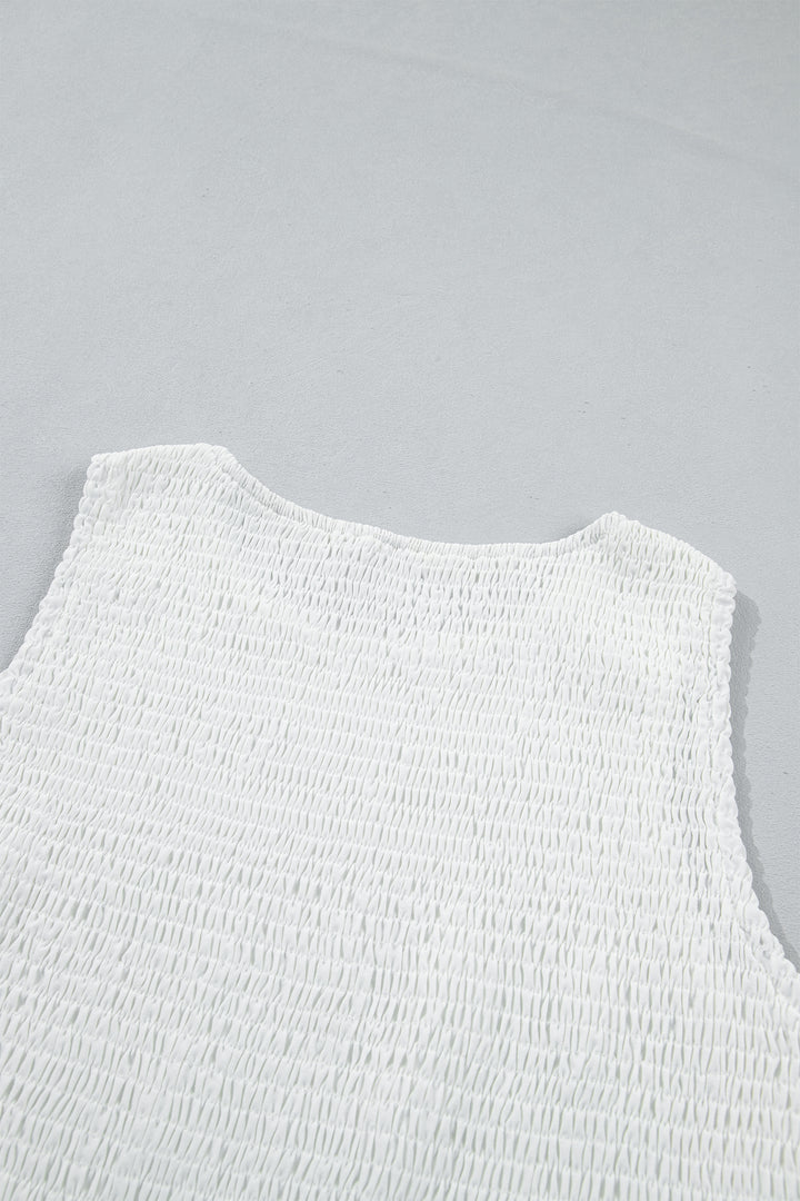 White Sleeveless Smocked Lace Peplum Top