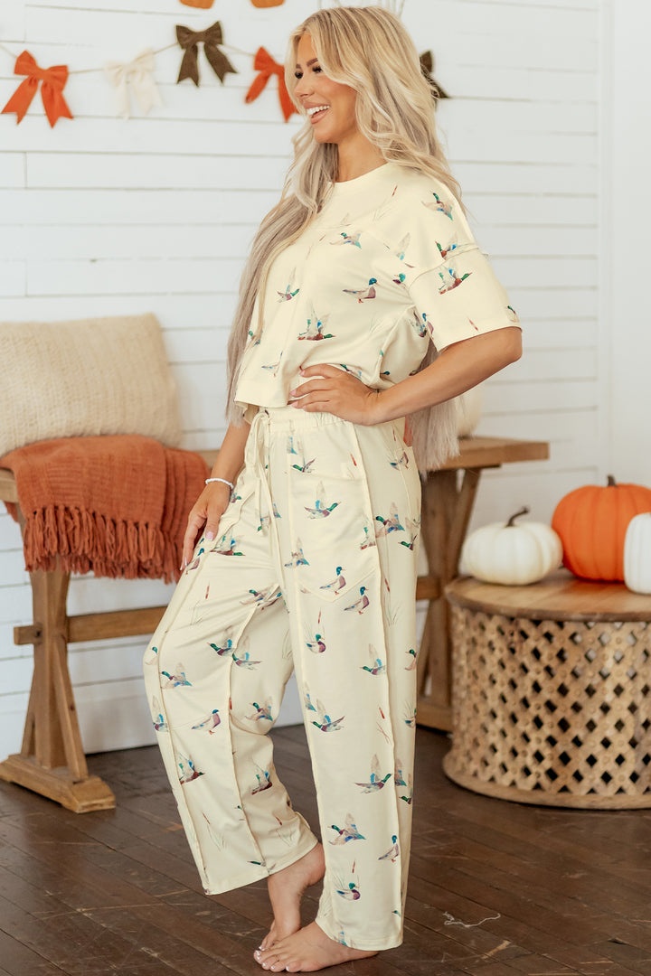 Beige Duck Print Short Sleeve Top Pocket Pants 2pcs Casual Set