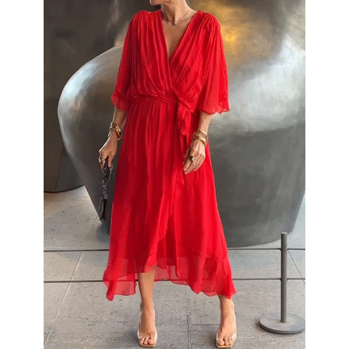 Batwing Sleeve V-Neck Midi Dress – Tied Irregular Hem Fairy Dress