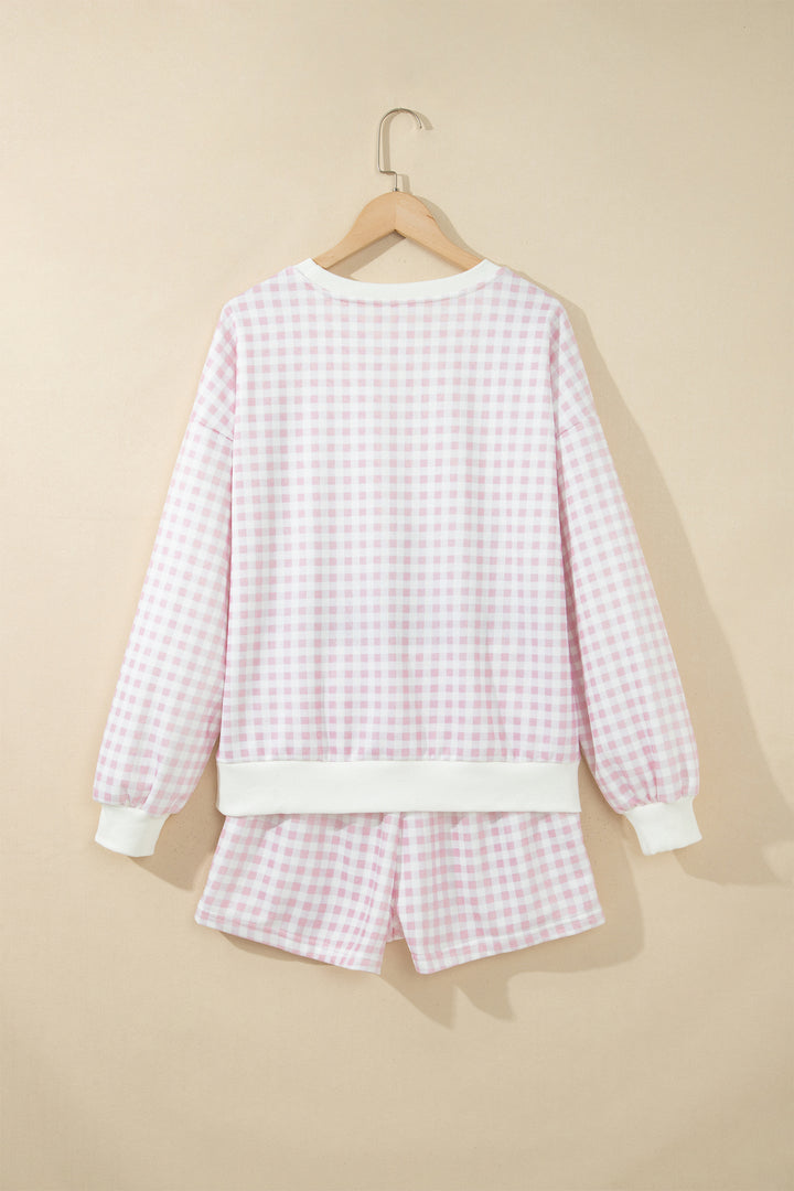 Pink Plaid Baggy Pullover Drawstring Casual Shorts 2pcs Outfit