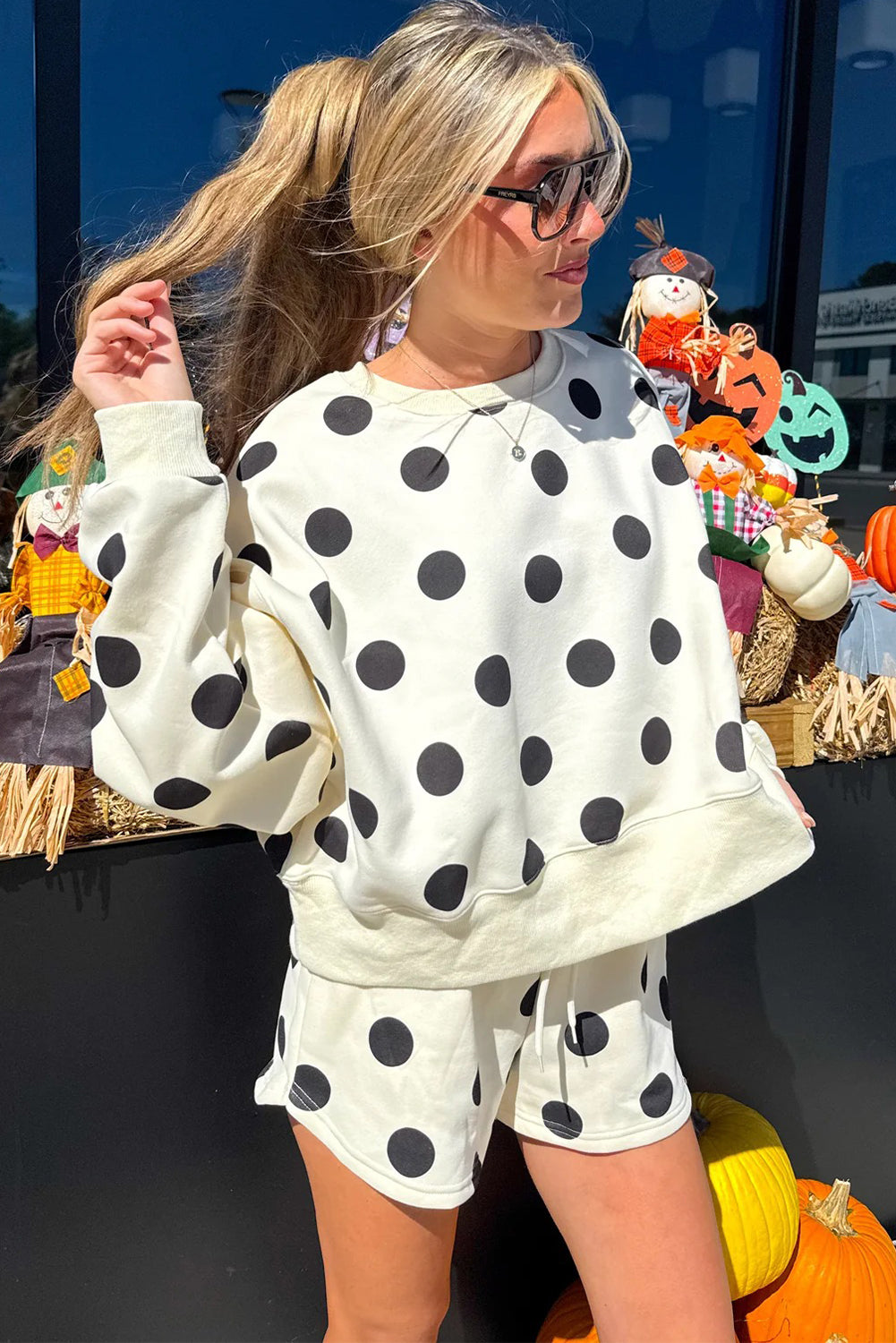 Sky Blue Polka Dot Print Drop Shoulder Pullover Drawstring Shorts Set