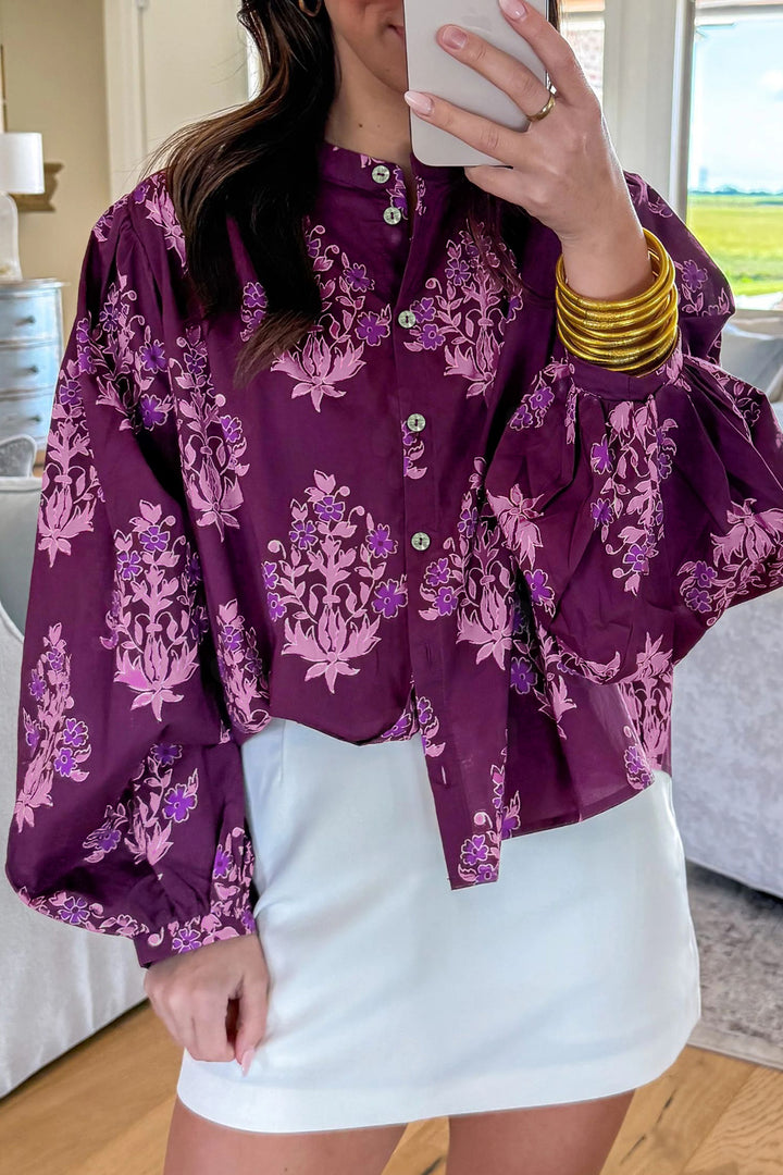 Purple Floral Print Button-Up Long Puff Sleeve Loose Shirt