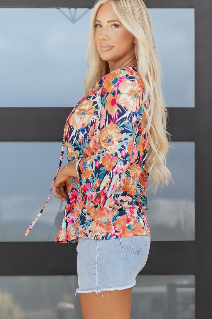 Black Floral 3/4 Flare Sleeve Tied V Neck Blouse
