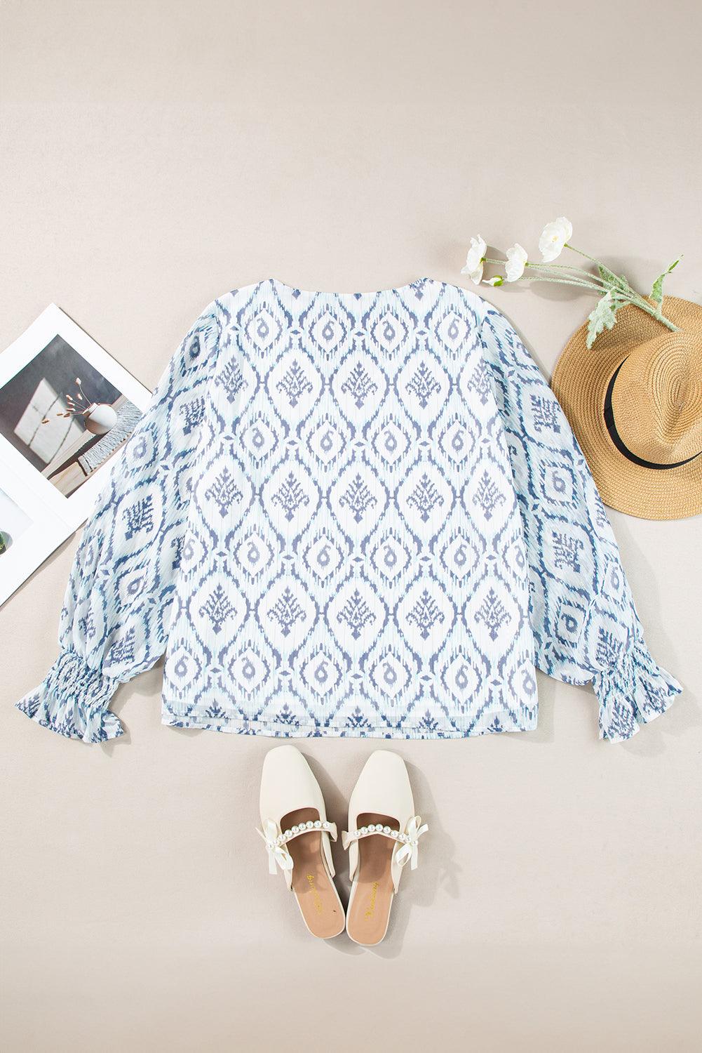 Sky Blue Geometric Print Shirred Puff Sleeve V Neck Blouse