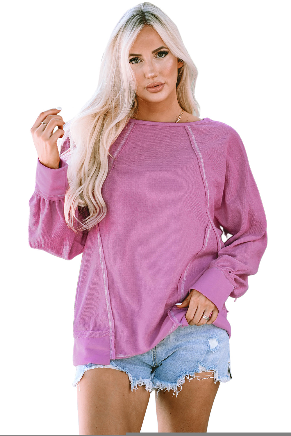 Pink Exposed Seam Round Neck Terry Pullover