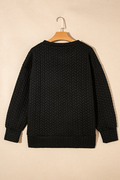 Black Pale Chestnut Side Buttons Cable Textured Sweatshirt