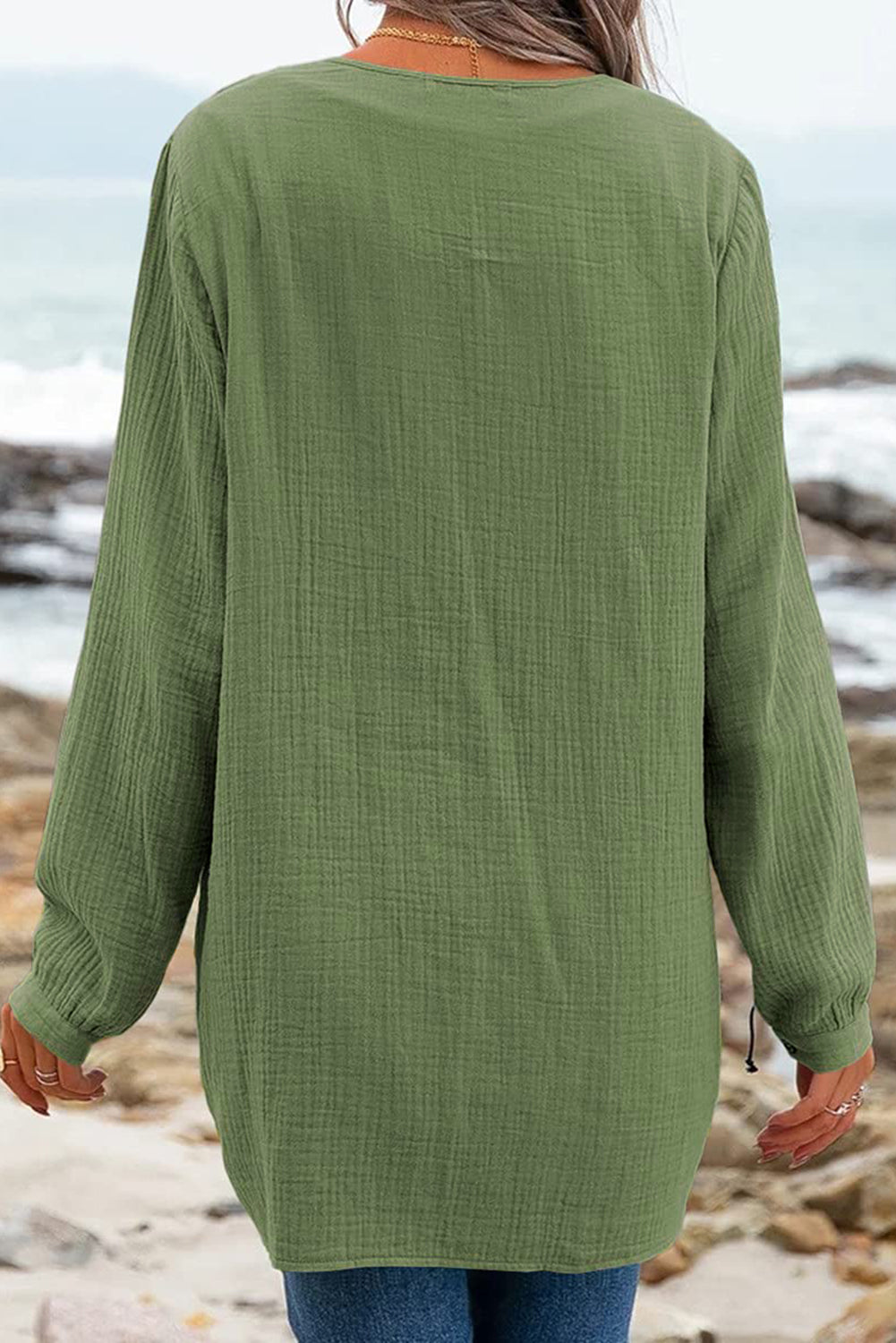 Green Casual Pleated V Neck Textured Loose Top