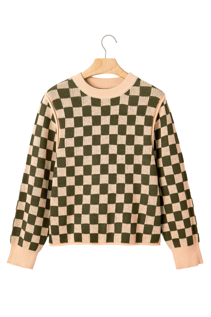 Multicolour Drop Shoulder Plaid Knit Long Sleeve Sweater
