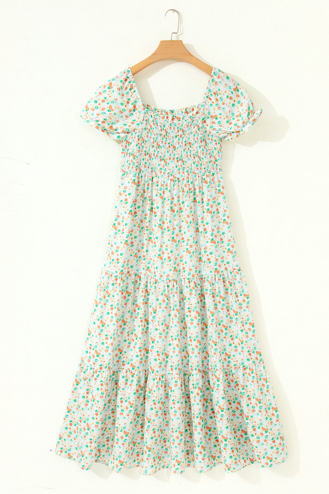 Green Floral Short Bubble Sleeve Shirred High Waist Maxi Dress