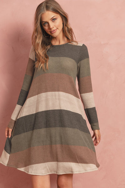 Long Sleeved Rib Stripe Pocket Dress