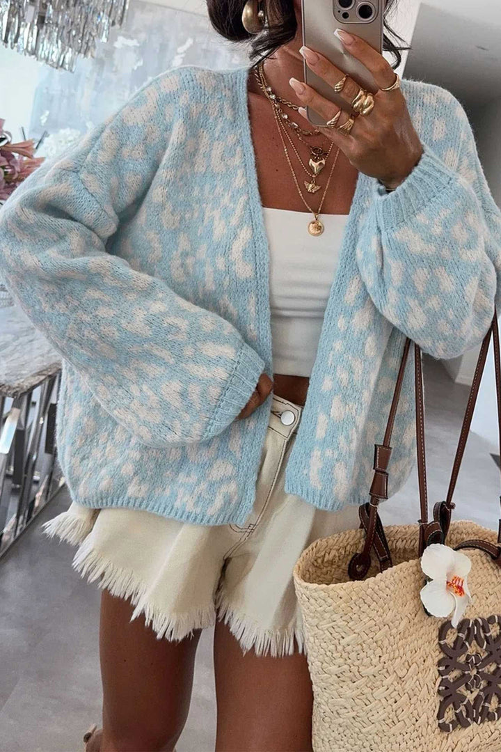 Light Blue Leopard Print V Neck Long Sleeve Loose Fit Knit Cardigan