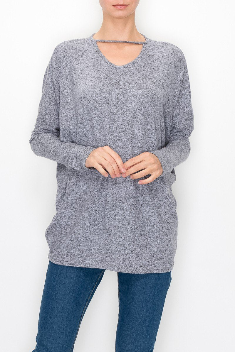 Cutout Front Long Sleeve Top - Grey