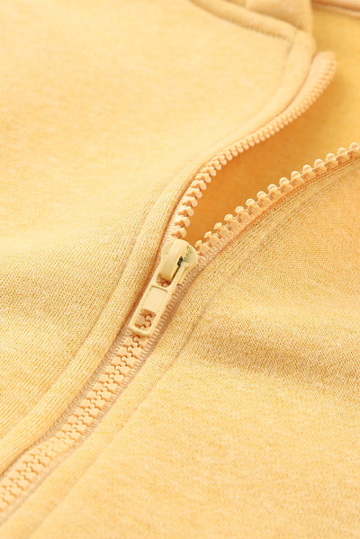 Yellow Zip Closure Drawstring Cinched Cropped Hoodie