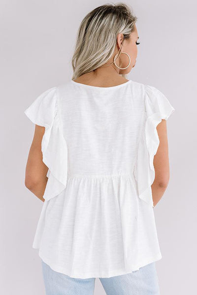 White Floral Embroidered Ruffled Lace-up V Neck Top