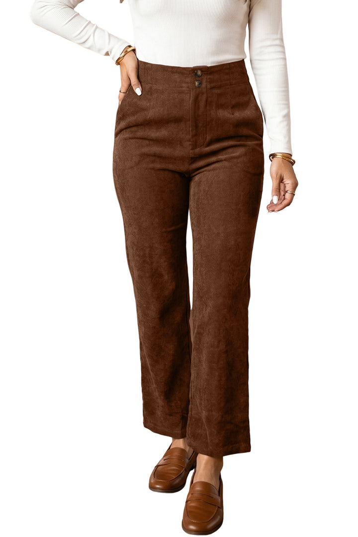 Coffee Elastic Waist Straight Leg Ankle Length Corduroy Pants