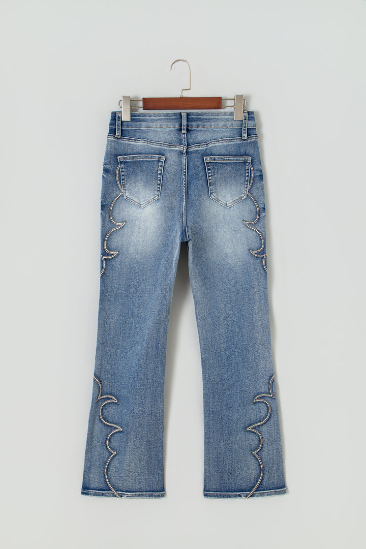 Blue Western Embroidered Flare Full Length Jeans