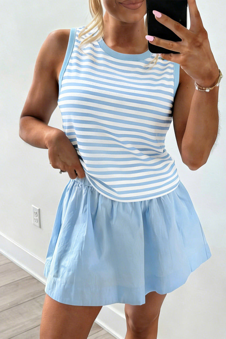 Sky Blue Stripe Slim Tank Contrast Ruffle Mini Skirt Set