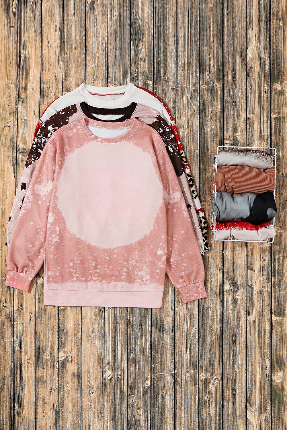 Pink Bleached Round Neck Pullover Sweatshirt