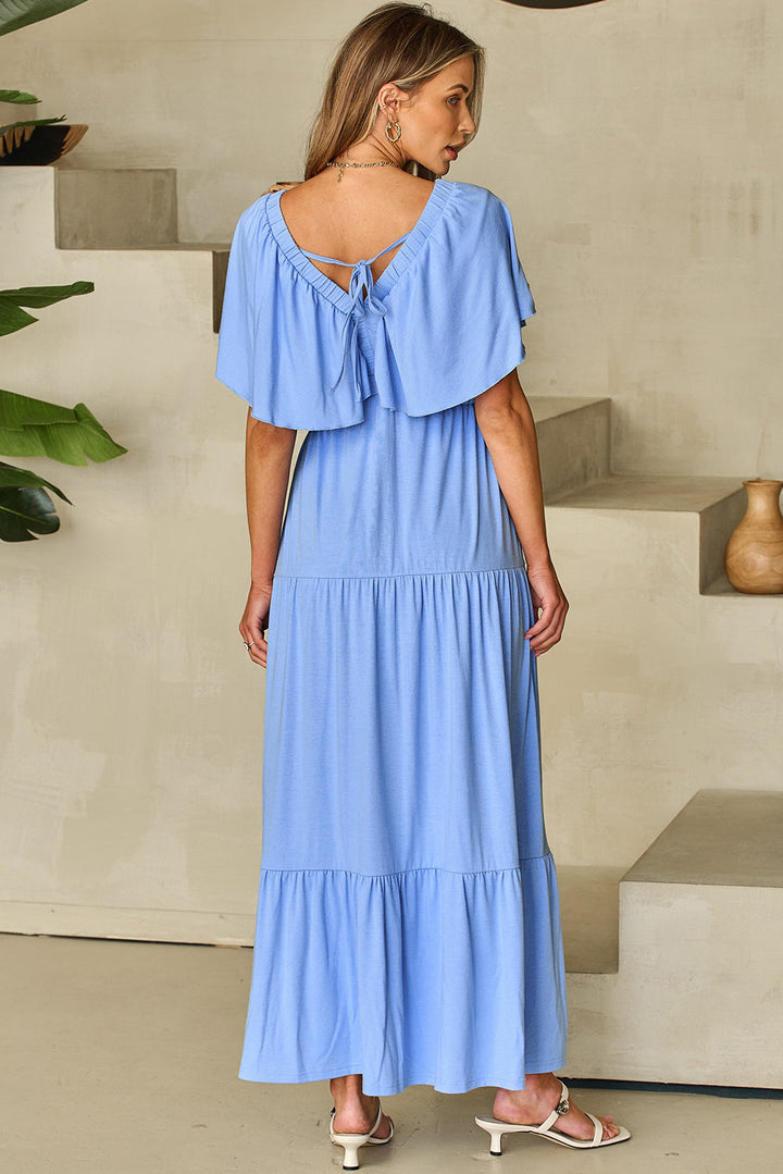 Kelsey Textured Flutter Sleeve Ruffled Maxi Dress