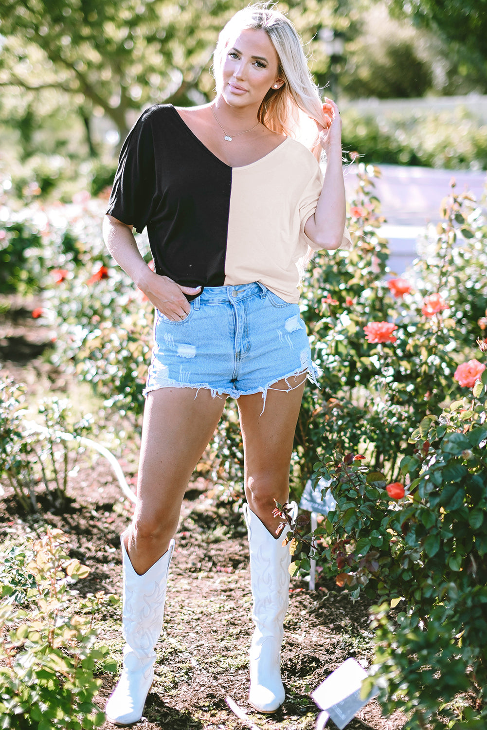 Black Plunging Twist Back Color Block Short Sleeve Top