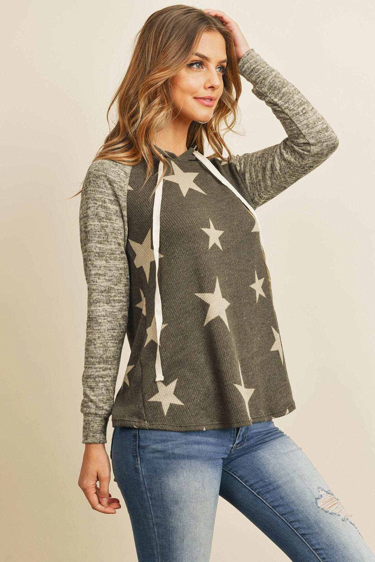 Brushed Hacci Sleeve Rib Detail Star Print Hoodie With Drawstring