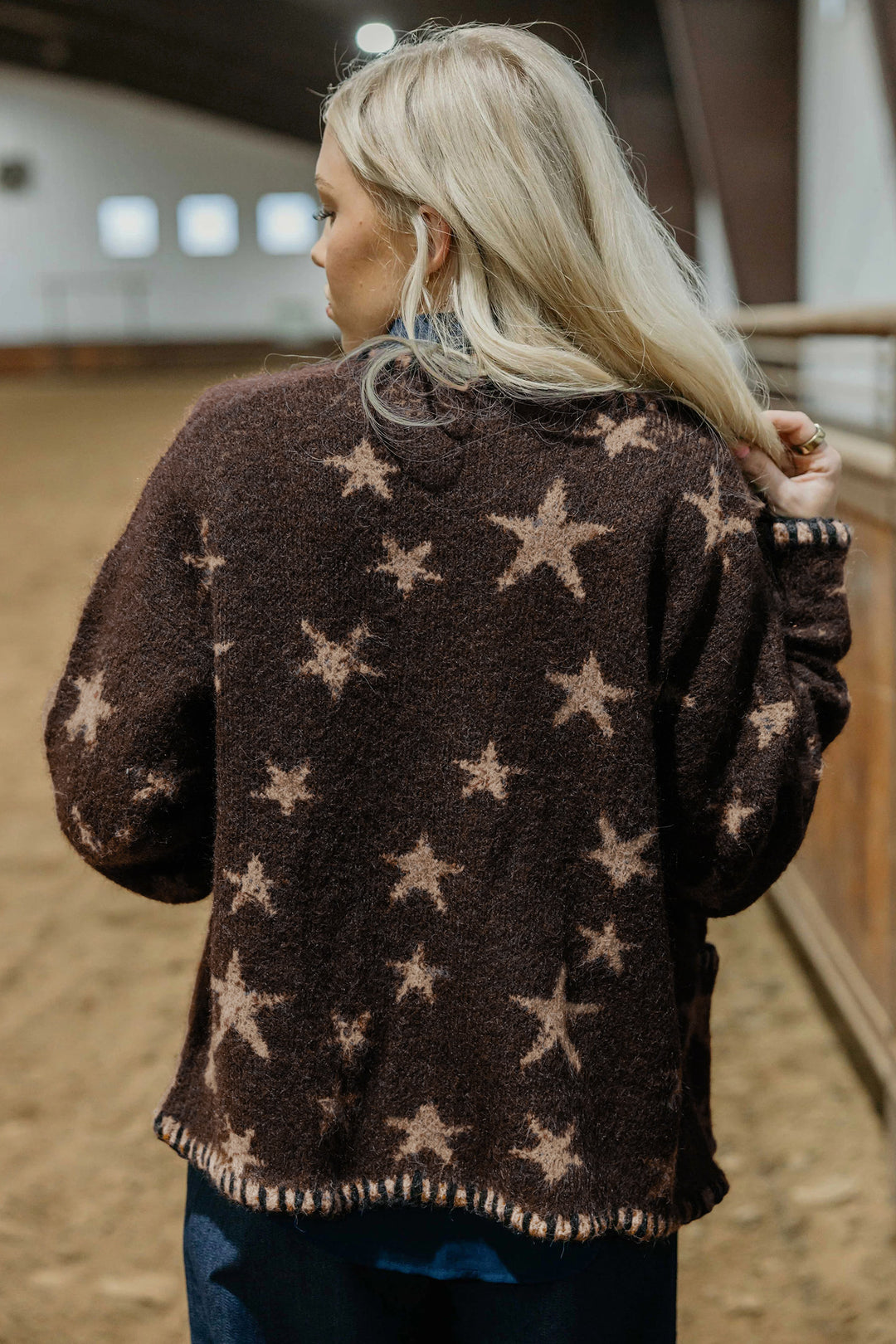Brown Stars Pattern Colorblock Long Sleeve Shift Cardigan