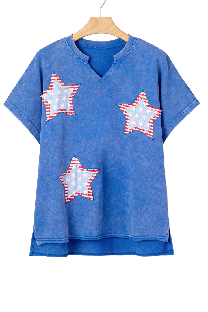 White Patriot Star Patched Notched Neck Mineral Washed Tee