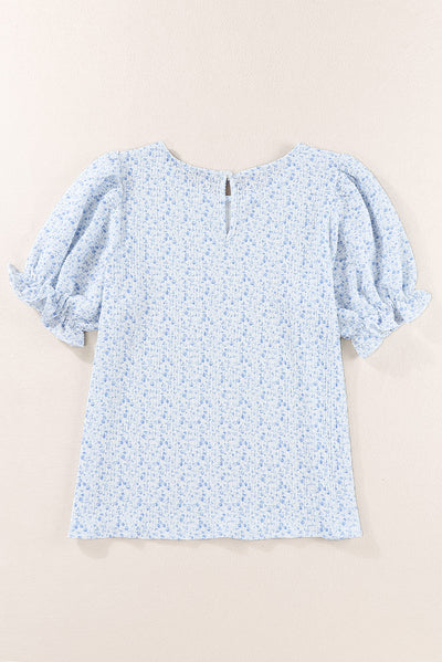 Sky Blue Floral Smocked Puff Sleeve Blouse