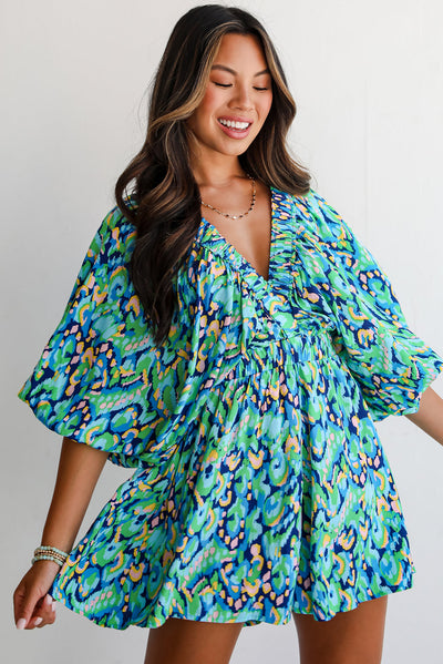 Green Abstract Print Puff Sleeve V Neck High Waist Romper