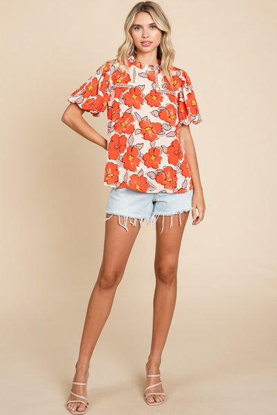 Orange Floral Bubble Sleeve Frill Neck Loose Blouse