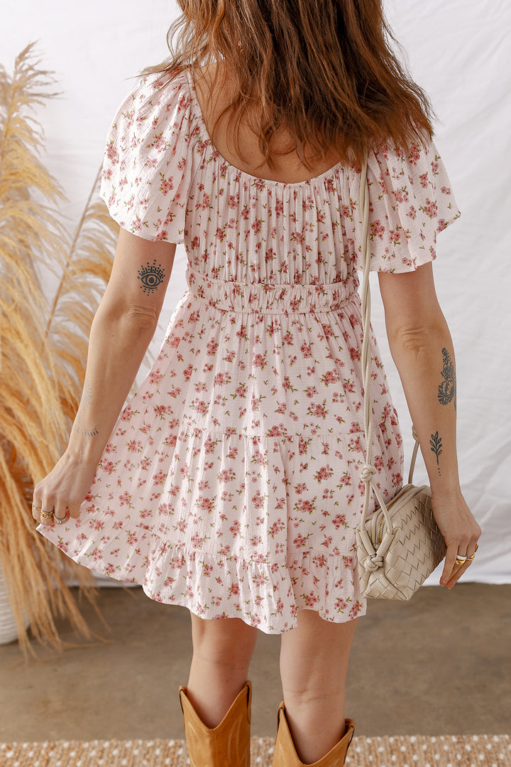 Pink Front Tie Shirred Waist Short Sleeve Ruffled Floral Mini Dress