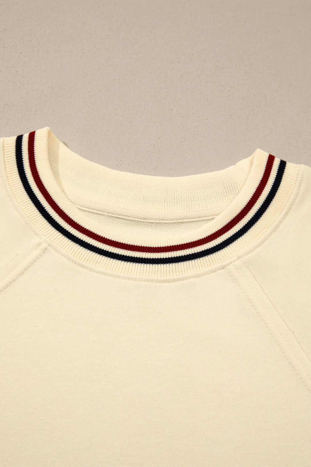 Beige Contrast Varsity Striped Neckline Cuffed Short Sleeve Loose Tunic Top