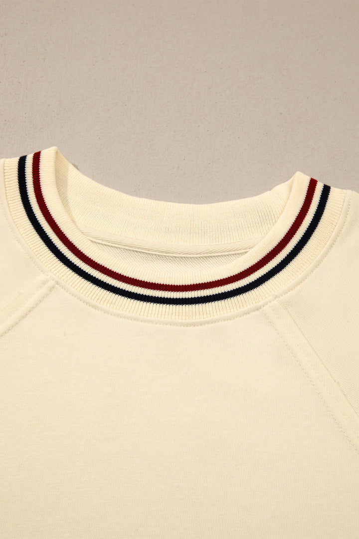 Beige Contrast Varsity Striped Neckline Cuffed Short Sleeve Loose Tunic Top