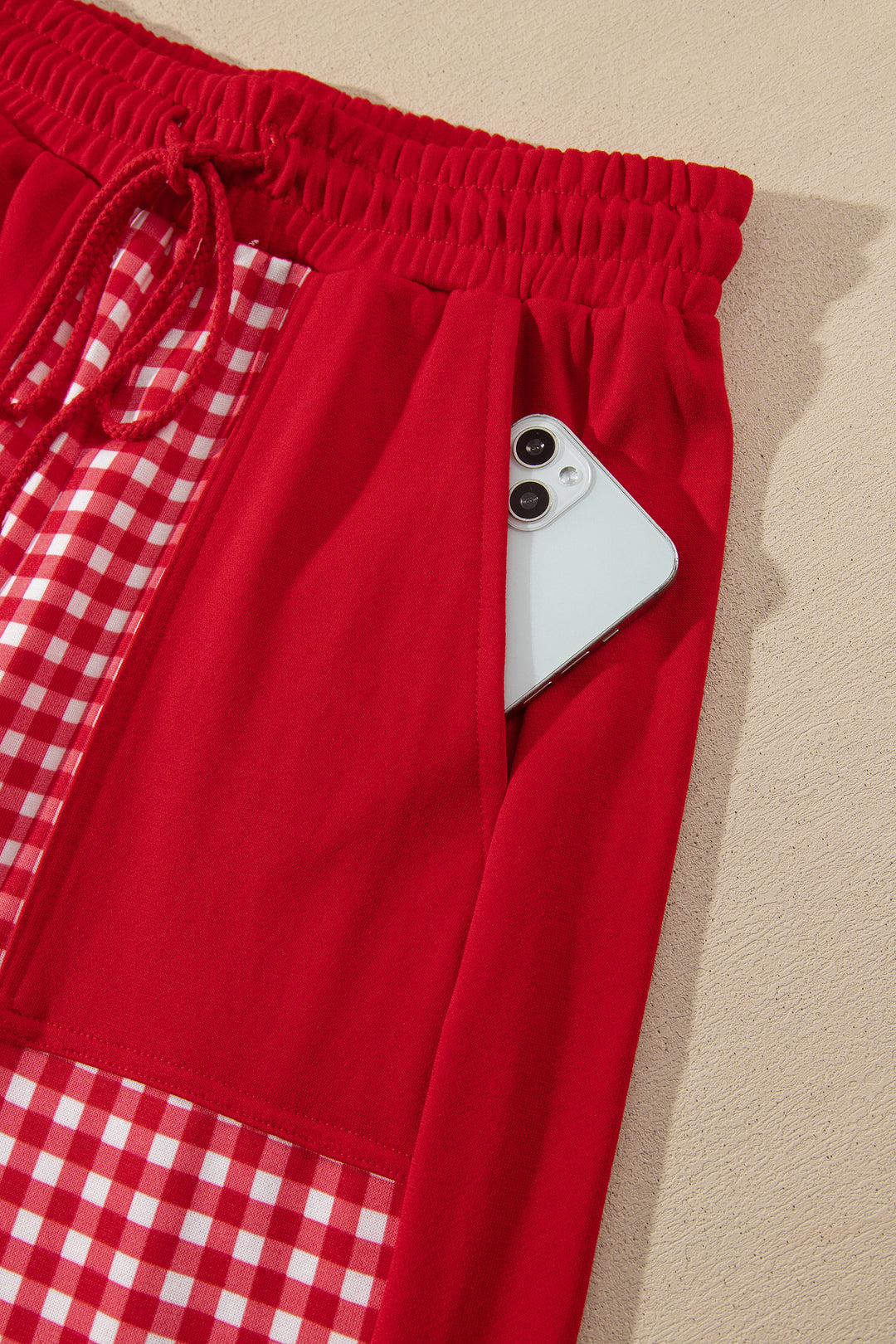 Red Color Block Plaid Patchwork Long Sleeve Pullover Wide Leg Pant Set