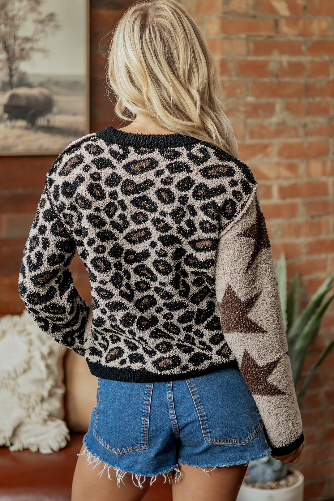 Smoke Gray Leopard Star Pattern Round Neck Long Sleeve Shift Sweater