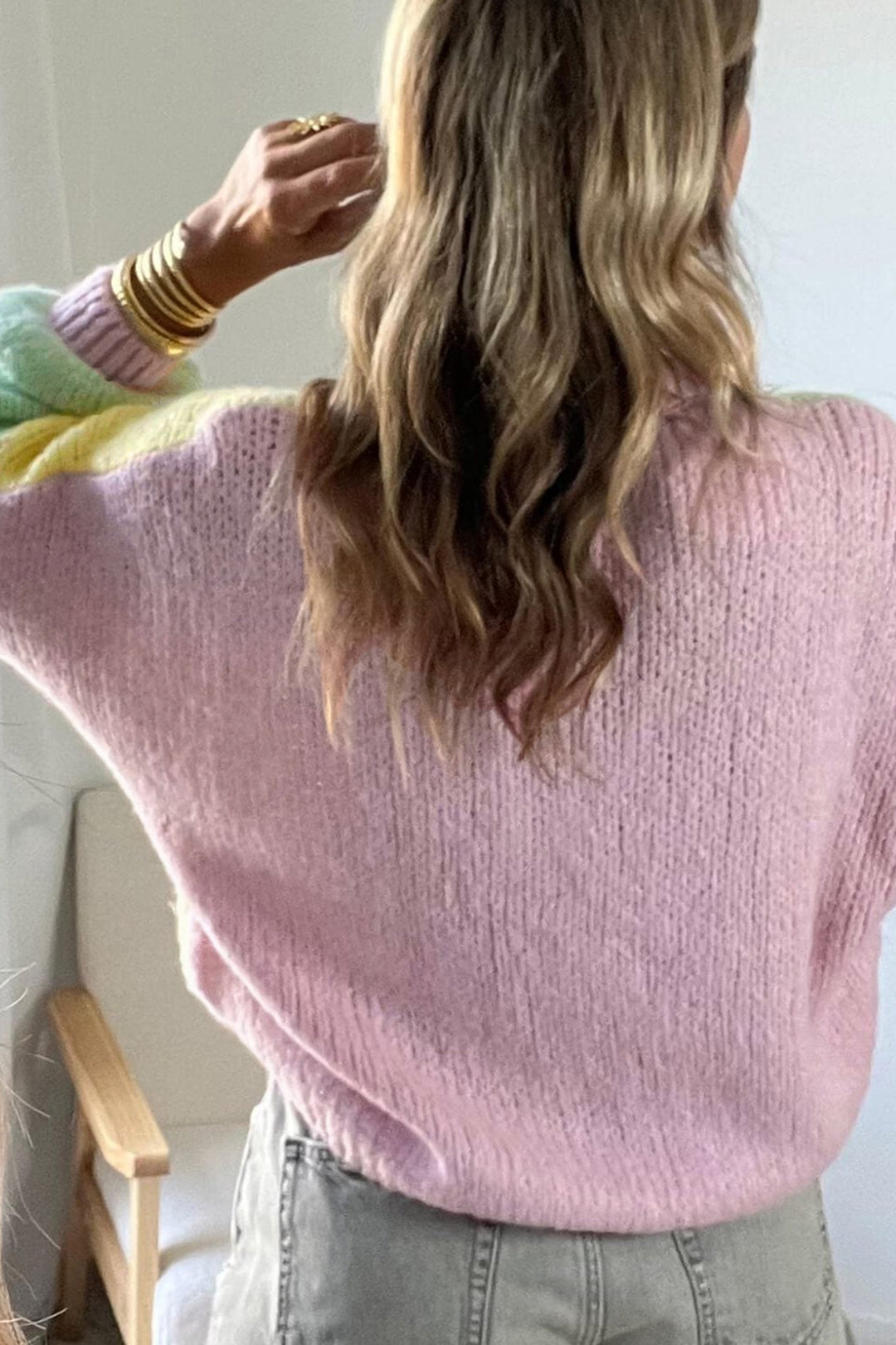 Yellow V Neck Drop Shoulder Patchwork Regular Wash Knitwear Cardigan