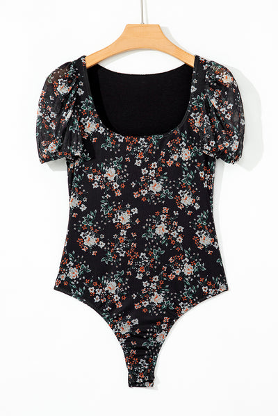 Black Floral Print U Neck Short Puff Sleeve Bodysuit