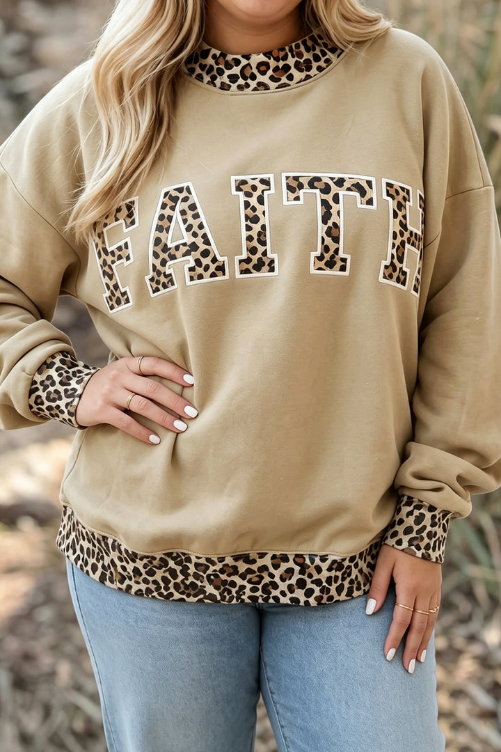 Parchment Plus Size Leopard Trim Mock Neck FAITH Graphic Sweatshirt