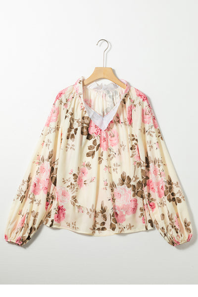 Beige Floral Print Lantern Sleeve V-Neck Blouse