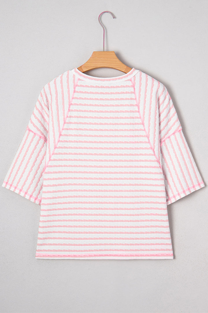 Apricot Stripe Plus Size Textured Patchwork Detail Half Sleeve Top