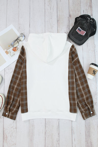 White Waffle Patch Plaid Sleeve Kangaroo Pocket Hoodie