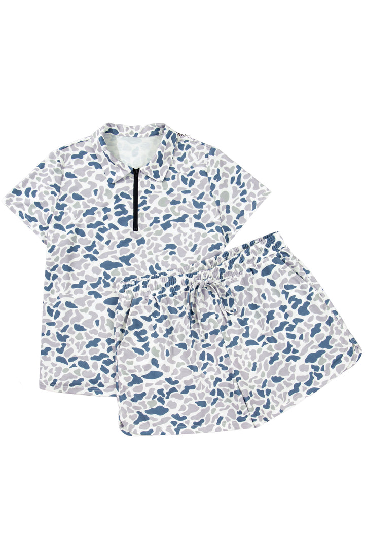 Multicolour Zip up Tee and Short Plus Size Camo Set