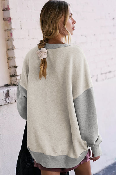 Light Grey Color Block Thumbhole Sleeve Drop Shoulder Sweatshirt