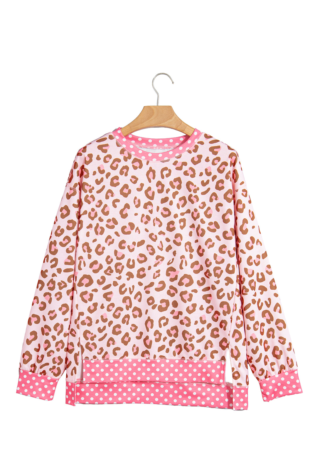 Khaki Leopard Polka Dot Colorblock Trim Long Sleeve Top