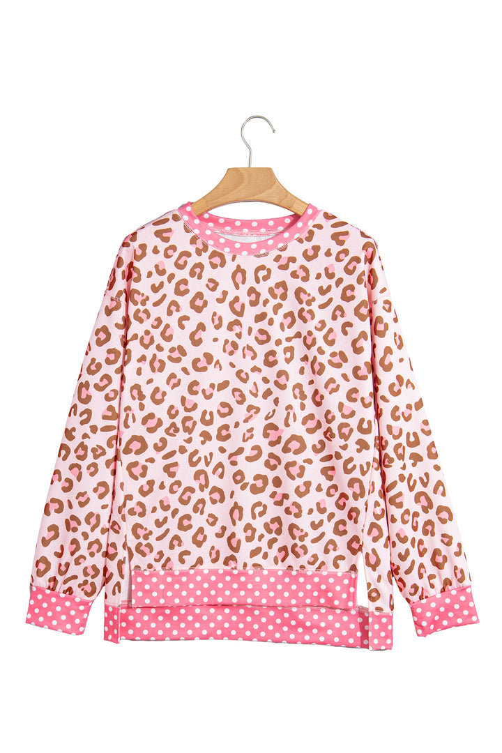 Khaki Leopard Polka Dot Colorblock Trim Long Sleeve Top