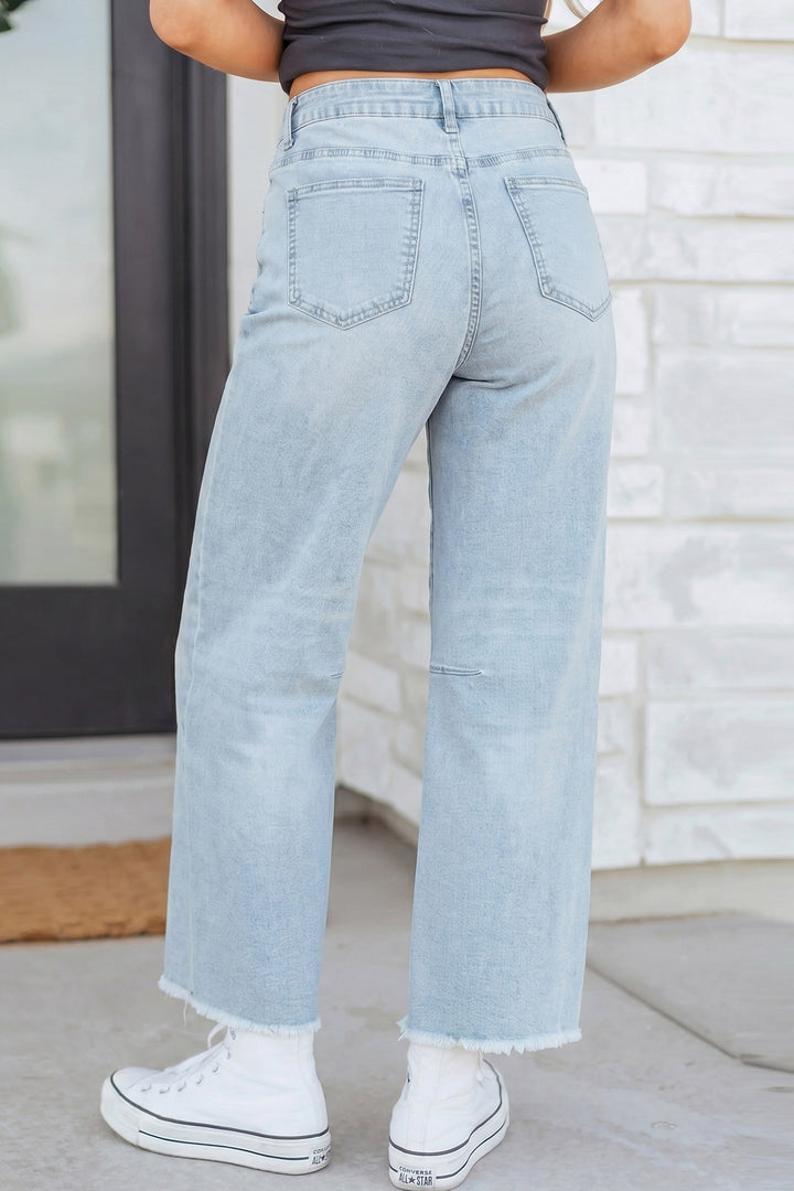 Beau Blue Sequin Rugby Pattern Raw Hem Casual Jeans