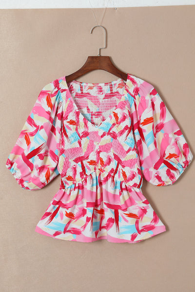 Pink Abstract Print Puff Sleeve Peplum Top