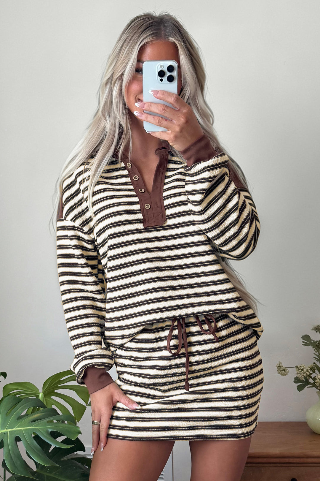 Brown Stripe Contrast Trim Button Neck Long Sleeve Top Drawstring Mini Skirt Set